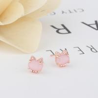 Přírodní Quartz Náušnice, Cupronickel, s Rose Quartz, Kočka, módní šperky & pro ženy, růžový, 8*8*5mm, Prodáno By Pair