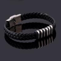 Los hombres de la pulsera y del brazalete, Partículas de acero, con PU de microfibra & acero inoxidable, Joyería, Negro, 1.0CMX0.3CM, Vendido para aproximado 21 cm Sarta