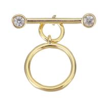 Chiusura Toggle in ottone, Cerchio, placcato color oro, Micro spianare cubic zirconia, 16x3x3.5mm,10x11x1.5mm, 20PC/lotto, Venduto da lotto