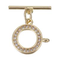 Chiusura Toggle in ottone, Cerchio, placcato color oro, Micro spianare cubic zirconia, 15x3.5x1.5mm,12.5x12.5x1.5mm, Foro:Appross. 1mm, 20PC/lotto, Venduto da lotto