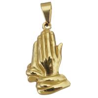 Roestvrij stalen sieraden Hangers, Roestvrij staal, Hand, gold plated, 16x27x3mm, Gat:Ca 3.5x7mm, Verkocht door PC