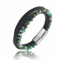 Los hombres de la pulsera y del brazalete, acero inoxidable, con Cuero de PU & Piedras preciosas, chapado, para hombre & multi-hilera, verde, 21.5CM, Vendido por UD