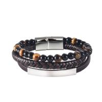 Los hombres de la pulsera y del brazalete, acero inoxidable, con Cuero de PU & Piedras preciosas, chapado, para hombre & multi-hilera, color café, 21.5CM, Vendido por UD