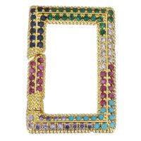 laiton porte-clés mousqueton, rectangle, Placage de couleur d'or, pavé de micro zircon, multicolore, 19.5x29x3.5mm, 5PC/lot, Vendu par lot