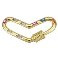 laiton porte-clés mousqueton, coeur, Placage de couleur d'or, pavé de micro zircon, multicolore, 30x15x5mm, 10PC/lot, Vendu par lot