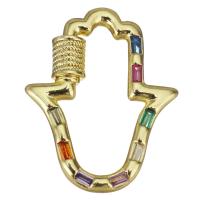 laiton porte-clés mousqueton, main, Placage de couleur d'or, pavé de micro zircon, multicolore, 22x27x5mm, 10PC/lot, Vendu par lot