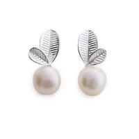 Prás Graí Earring, le 925 Sterling Silver & Pearl Plaisteacha, dath airgid plated, do bhean, bán, nicil, luaidhe & caidmiam saor in aisce, 6x15mm, Díolta De réir Péire