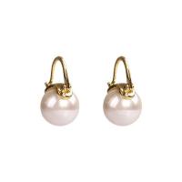 Pendientes de Gota en Latón, metal, con Plata de ley 925 & Perlas plásticas, chapado en color dorado, para mujer, Blanco, libre de níquel, plomo & cadmio, 10x20mm, Vendido por Par