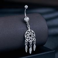 Belly Ring Ottone, Cacciatore di sogni, placcato platino, Micro spianare cubic zirconia & per la donna, assenza di nichel,piombo&cadmio, 17x66mm, Venduto da PC