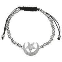 Messing armband met micro-paved kubieke zirconia's, met Textiel binnenwerk Cord, Maan en Ster, silver plated, Verstelbare & micro pave zirconia & voor vrouw, 25x16mm,4mm, Per verkocht Ca 6-11 inch Strand