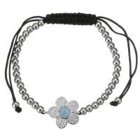 Terningformet Zirkon Micro Pave Messing armbånd, med Terylene Cord, Flower, sølvfarvet forgyldt, Justerbar & Micro Pave cubic zirconia & for kvinde, 19x16mm,4mm, Solgt Per Ca. 6-11 inch Strand