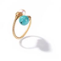 Bague en laiton, avec turquoise naturelle & perle d'eau douce cultivée, Placage de couleur d'or, pour femme, blanc, protéger l'environnement, sans nickel, plomb et cadmium, 10mm, Vendu par PC