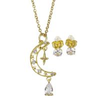 Micro zirconi Pave ottone Jewelry Set, with catena in acciaio inox, in acciaio inox Inserisci, with 1.5 inch extender chain, placcato color oro, 2 pezzi & Micro spianare cubic zirconia & per la donna, 11x21mm,1.5mm,5mm, Lunghezza Appross. 17 pollice, Venduto da set