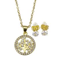 Micro zirconi Pave ottone Jewelry Set, Orecchino a bottone & Collana, with catena in acciaio inox, in acciaio inox Inserisci, with 1.5 inch extender chain, placcato color oro, 2 pezzi & Micro spianare cubic zirconia & per la donna, 14.5x17mm,1.5mm,5mm, Lunghezza Appross. 17 pollice, Venduto da set