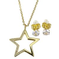 Micro zirconi Pave ottone Jewelry Set, Orecchino a bottone & Collana, with catena in acciaio inox, in acciaio inox Inserisci, with 1.5 inch extender chain, Stella, placcato color oro, 2 pezzi & Micro spianare cubic zirconia & per la donna, 22x25mm,1.5mm,5mm, Lunghezza Appross. 17 pollice, Venduto da set