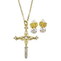 Micro zirconi Pave ottone Jewelry Set, Orecchino a bottone & Collana, with catena in acciaio inox, in acciaio inox Inserisci, with 1.5 inch extender chain, placcato color oro, 2 pezzi & Micro spianare cubic zirconia & per la donna, 22x32mm,1.5mm,5mm, Lunghezza Appross. 17 pollice, Venduto da set