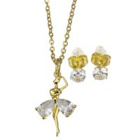 Micro zirconi Pave ottone Jewelry Set, Orecchino a bottone & Collana, with catena in acciaio inox, in acciaio inox Inserisci, with 1.5 inch extender chain, placcato color oro, 2 pezzi & Micro spianare cubic zirconia & per la donna, 12x19.5mm,1.5mm,5mm, Lunghezza Appross. 17 pollice, Venduto da set