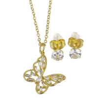 Micro zirconi Pave ottone Jewelry Set, Orecchino a bottone & Collana, with catena in acciaio inox, in acciaio inox Inserisci, with 1.5 inch extender chain, Farfalla, placcato color oro, 2 pezzi & Micro spianare cubic zirconia & per la donna, 19.5x21mm,1.5mm,5mm, Lunghezza Appross. 17 pollice, Venduto da set