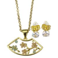 Micro zirconi Pave ottone Jewelry Set, Orecchino a bottone & Collana, with catena in acciaio inox, in acciaio inox Inserisci, with 1.5 inch extender chain, placcato color oro, 2 pezzi & Micro spianare cubic zirconia & per la donna & smalto, 21.5x12mm,1.5mm,5mm, Lunghezza Appross. 17 pollice, Venduto da set