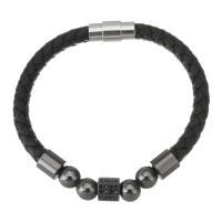 PU leder koord armbanden, Messing, met PU, plated, micro pave zirconia, zwart, 8x8mm,6mm, Per verkocht 8 inch Strand