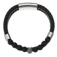 PU cavo bracciali, ottone, with PU & pietra preziosa & acciaio inox, placcato color oro, Micro spianare cubic zirconia, nero, 8mm,6mm, Venduto per Appross. 8.5 pollice filo