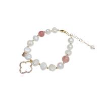 Sötvatten odlade Pearl Bracelet, Freshwater Pearl, med mässing kedja & Ädelsten, med 1.96 inch extender kedja, guldfärg pläterade, micro bana cubic zirconia & för kvinna, 15mm, Såld Per Ca 5.9 inch Strand