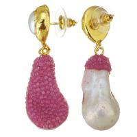 Pendientes de Perlas de Freshwater, Arcilla analiar de diamantes de imitación AB, con perla & aleación de zinc, para mujer, Rosa, 49mm,15x32mm, Vendido por Par