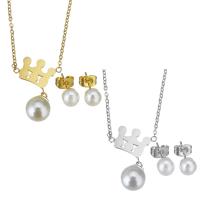 Set di gioielli in acciaio inox, Orecchino a bottone & Collana, with Shell Pearl, placcato, nessuno, 27mm,10x14mm,1.5mm,6mm, 10Setsinsieme/lotto, Venduto da lotto