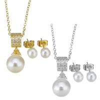 Parures de bijoux en acier inoxydable, Boucle d’oreille stud & collier, avec Shell Pearl, Placage, pavé de micro zircon & pour femme, plus de couleurs à choisir, 22mm,10x14mm,1.5mm,6mm, Longueur Environ 17 pouce, 10ensemblessérie/lot, Vendu par lot