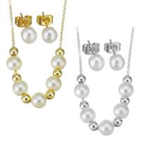 Set di gioielli in acciaio inox, Orecchino a bottone & Collana, with Shell Pearl, placcato, per la donna, nessuno, 6mm,1.2mm,6mm, 10Setsinsieme/lotto, Venduto da lotto