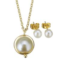 Set di gioielli in acciaio inox, Orecchino a bottone & Collana, with Shell Pearl, placcato color oro, per la donna, 12x18mm,1.5mm,6mm, Lunghezza Appross. 17 pollice, 10Setsinsieme/lotto, Venduto da lotto