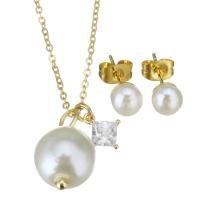 Ensembles de bijoux en zircon cubique en acier inoxydable, Boucle d’oreille stud & collier, avec Shell Pearl, Placage de couleur d'or, pavé de micro zircon & pour femme, 10x16mm,1.2mm,6mm, Longueur Environ 18 pouce, 10ensemblessérie/lot, Vendu par lot