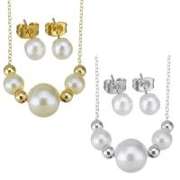 Parures de bijoux en acier inoxydable, Boucle d’oreille stud & collier, avec Shell Pearl, Placage, pour femme, plus de couleurs à choisir, 10mm,6mm,1.2mm,6mm, 10ensemblessérie/lot, Vendu par lot