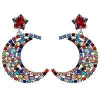 Boucles d'oreilles en alliage de zinc, Lune et Etoile, Placage, pour femme & avec strass, plus de couleurs à choisir, 45x63mm, Vendu par paire