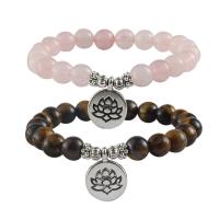 Rose Quartz & Tiger Eye Stone Braceletes with Lotus Pattern Zinc Alloy Charms fashion jewelry & Unisex Sold Per Approx 7.5 Inch Strand