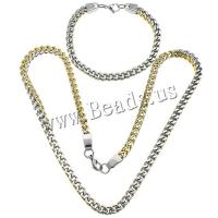 Stainless Steel Korut setit, rannerengas & kaulakoru, Ruostumaton teräs, päällystetty, Curb Chain & kaksisävyinen, 8x6x1.5mm, 8x6x1.5mm, 10setit/erä, Myymät erä