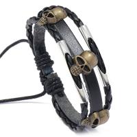 PU Cord Armbånd, Zinc Alloy, med PU & Voks, Skull, Justerbar & mode smykker & Unisex, sort, nikkel, bly & cadmium fri, 17-18cm, Solgt af Strand