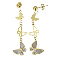 Stainless Steel Drop Earring Butterfly plated fashion jewelry & for woman & with rhinestone gold 56mm Sold By Pair