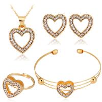 Set gioielli in lega di zinco, Orecchino a bottone & bracciale bangle & anello dito & Collana, lega in zinco, placcato, 4 pezzi & con strass, dorato, 510mm, Venduto da set