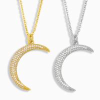 Messing Halsketting, Maan, gold plated, micro pave zirconia, meer kleuren voor de keuze, nikkel, lood en cadmium vrij, 33x17mm, Per verkocht Ca 45 cm Strand