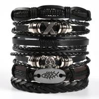 Pulsera Wrap, Cuero de PU, con Cordón de algodón encerado & madera & aleación de zinc, diferentes estilos para la opción & para hombre & multi-hilera, más colores para la opción, longitud 17-18 cm, Vendido por UD