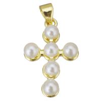 Mässing Cross hängen, med Plast Pearl, guldfärg pläterade, 15x23x5mm, Hål:Ca 3.5mm, Säljs av PC