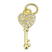 Messing hanger met micro-paved kubieke zirconia's, Sleutel, gold plated, micro pave zirconia, 6.5x15x1.5mm, Gat:Ca 3mm, Verkocht door PC