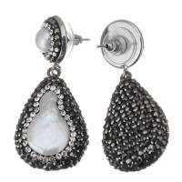 rhinestone ler bane Drop Earring, med perle, Teardrop, for kvinde, Jet, 47mm,21x31mm, Solgt af par