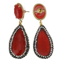 Strass Earring, strass klei pave, met geverfd Jade, gold plated, voor vrouw, rood, 56mm,20x37mm, Verkocht door pair