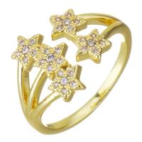 Cubic cirkónium Brass Finger Ring, Sárgaréz, arany színű aranyozott, mikro egyengetni cirkónia & üreges, 13mm, Lyuk:Kb 2x4mm, Méret:6, Által értékesített PC