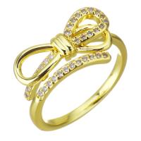 Cubic Zircon Messing fingerring, Bowknot, guldfarve belagt, Micro Pave cubic zirconia, 9mm, Størrelse:6, Solgt af PC