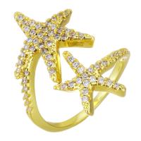 Cubic Zircon Messing fingerring, Stjerne, guldfarve belagt, Micro Pave cubic zirconia, 23mm, Størrelse:6, Solgt af PC