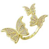 Cubic Zircon Messing fingerring, Butterfly, guldfarve belagt, Micro Pave cubic zirconia, 23mm, Størrelse:7, Solgt af PC