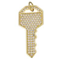 Cubic Zirconia Micro Pave bronze Pingente, cobre, Chave, banhado, micro pavimentação 57 pcs zircônia cúbica & joias de moda & para mulher, dourado, níquel, chumbo e cádmio livre, 15x31x2mm, 10PCs/Lot, vendido por Lot